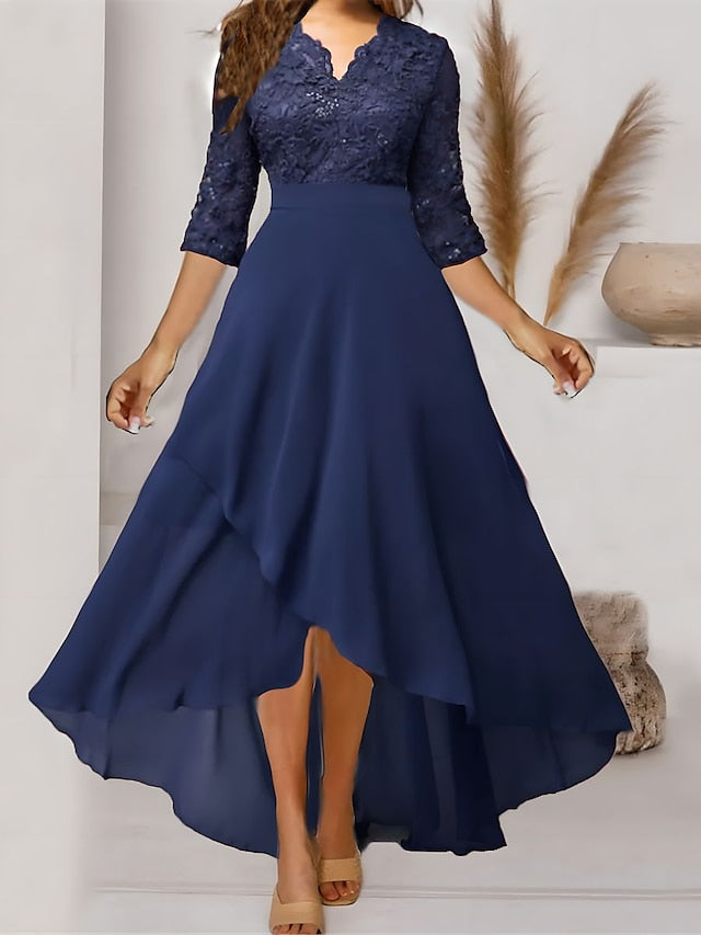 BerryBetty - Women‘s Formal Party Dress Maxi long Dress Navy Blue 3/4 Length Sleeve Print Pure Color Ruched Lace Fall Winter V Neck Elegant Fashion Modern 2024 3XL