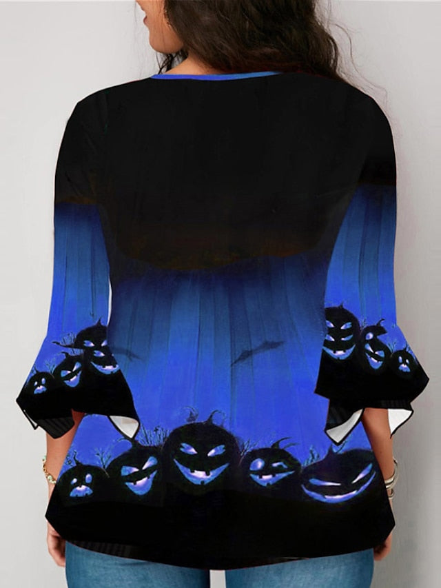 BerryBetty - Women's Shirt Blouse Halloween Shirt Yellow Blue Purple Pumpkin Print 3/4 Length Sleeve Halloween Daily Streetwear Crew Neck Regular Fit Fall Winter