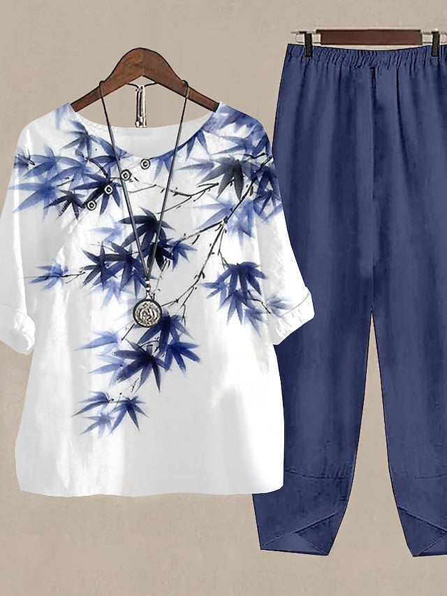 BerryBetty - Women's Shirt Pants Sets Pants Trousers Basic Army Green Blue Holiday Weekend Floral Print Round Neck S M L XL 2XL