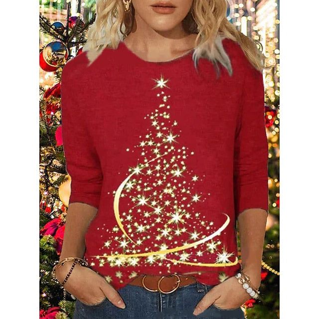 BerryBetty - Women's Shirt Dark Green Peacock Blue Brick red Christmas Tree Print Long Sleeve Christmas Holiday Casual Round Neck Regular Floral S