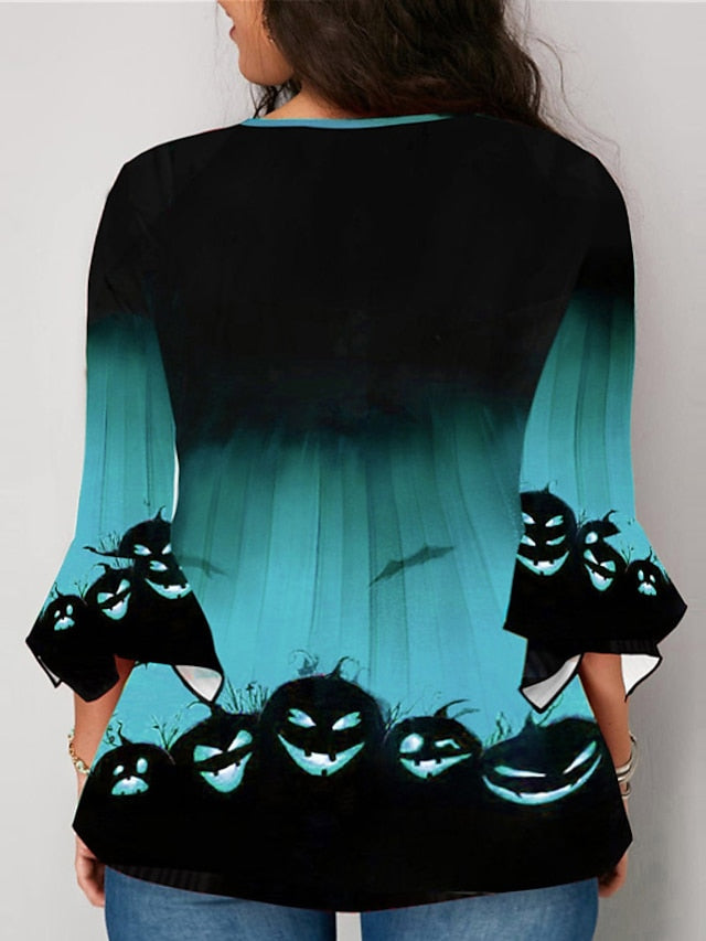 BerryBetty - Women's Shirt Blouse Halloween Shirt Yellow Blue Purple Pumpkin Print 3/4 Length Sleeve Halloween Daily Streetwear Crew Neck Regular Fit Fall Winter