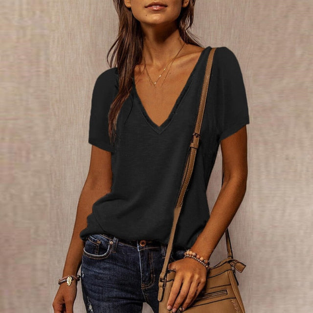 BerryBetty - Summer Shirts For Women Fashion V Neck Patchwork Loose T Shirt Female Short Sleeve Top Ladies Tee Plus Size Shirt Pullover