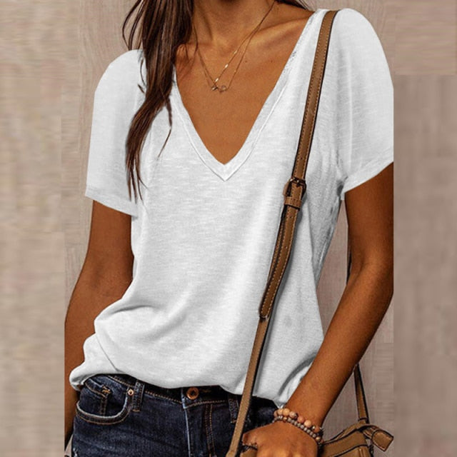 BerryBetty - Summer Shirts For Women Fashion V Neck Patchwork Loose T Shirt Female Short Sleeve Top Ladies Tee Plus Size Shirt Pullover