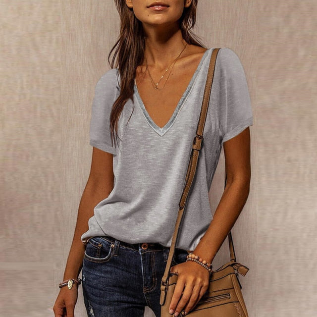 BerryBetty - Summer Shirts For Women Fashion V Neck Patchwork Loose T Shirt Female Short Sleeve Top Ladies Tee Plus Size Shirt Pullover