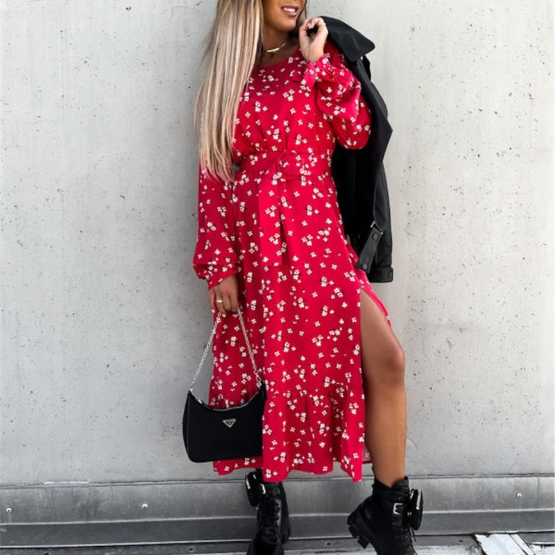 BerryBetty - Women Floral Print V Neck Side Slit Party Dress Spring Autumn Long Sleeve Elegant Ladies Sexy Elastic Waist Slim Dress Vestidos