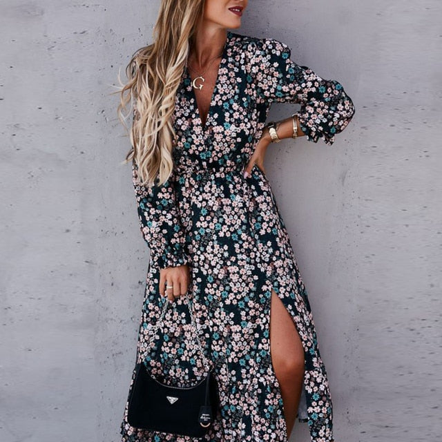 BerryBetty - Women Floral Print V Neck Side Slit Party Dress Spring Autumn Long Sleeve Elegant Ladies Sexy Elastic Waist Slim Dress Vestidos