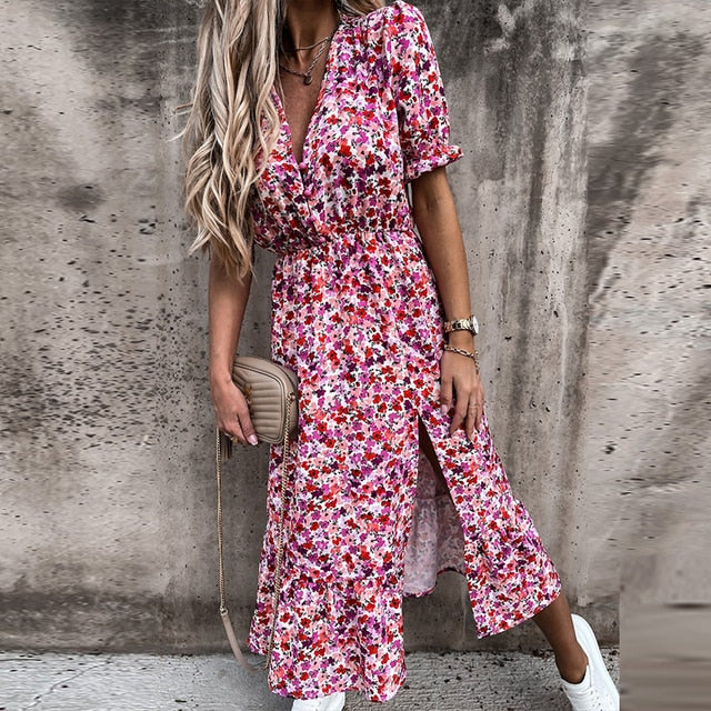 BerryBetty - Women Floral Print V Neck Side Slit Party Dress Spring Autumn Long Sleeve Elegant Ladies Sexy Elastic Waist Slim Dress Vestidos