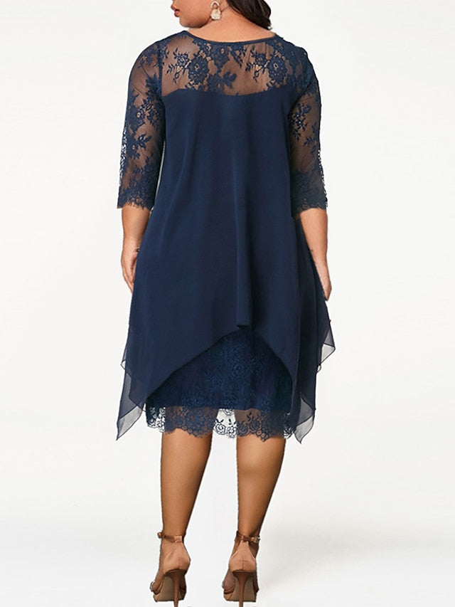 BerryBetty - Women's Plus Size Party Dress Solid Color Crew Neck Lace 3/4 Length Sleeve Spring Summer Casual Prom Dress Midi Dress Party Work Dress / Lace Dress / Homecoming Dress