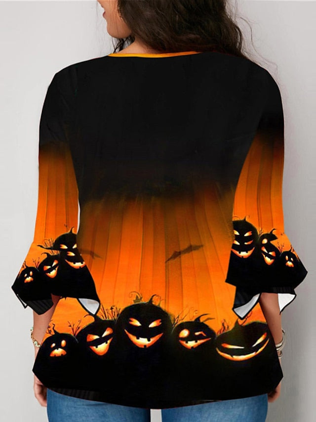 BerryBetty - Women's Shirt Blouse Halloween Shirt Yellow Blue Purple Pumpkin Print 3/4 Length Sleeve Halloween Daily Streetwear Crew Neck Regular Fit Fall Winter