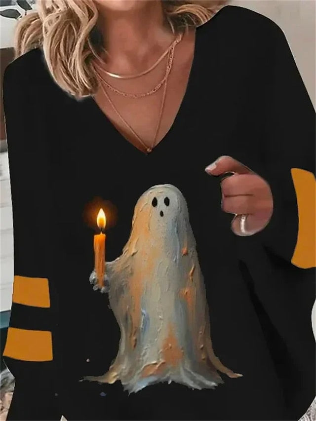 BerryBetty - Women's Pullover Halloween Sweatshirt Basic Black Graphic Casual V Neck Long Sleeve Top Micro-elastic Spring & Fall