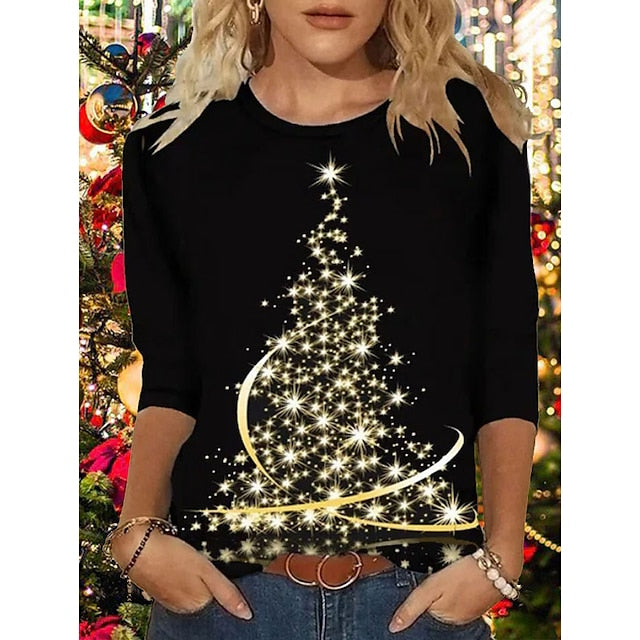 BerryBetty - Women's Shirt Dark Green Peacock Blue Brick red Christmas Tree Print Long Sleeve Christmas Holiday Casual Round Neck Regular Floral S