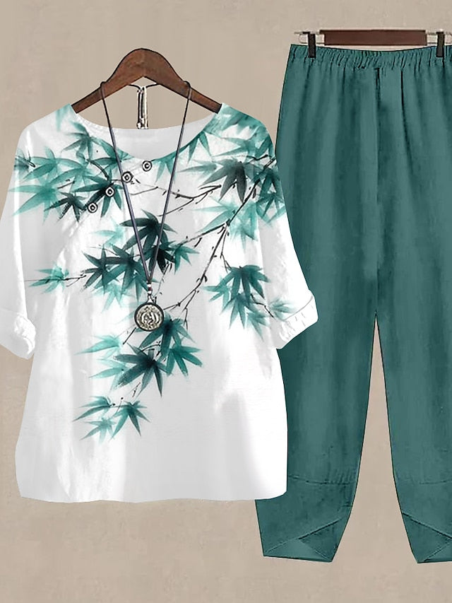 BerryBetty - Women's Shirt Pants Sets Pants Trousers Basic Army Green Blue Holiday Weekend Floral Print Round Neck S M L XL 2XL