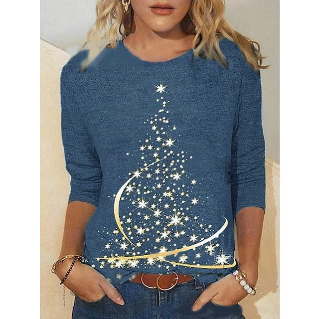 BerryBetty - Women's Shirt Dark Green Peacock Blue Brick red Christmas Tree Print Long Sleeve Christmas Holiday Casual Round Neck Regular Floral S