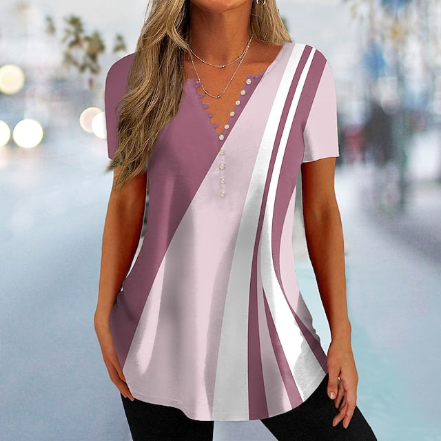 BerryBetty - Women's T shirt Tee Black Pink Blue Color Block Button Print Short Sleeve Daily Weekend Basic V Neck Regular Painting S