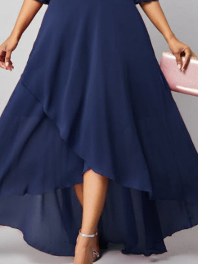 BerryBetty - Women‘s Formal Party Dress Maxi long Dress Navy Blue 3/4 Length Sleeve Print Pure Color Ruched Lace Fall Winter V Neck Elegant Fashion Modern 2024 3XL