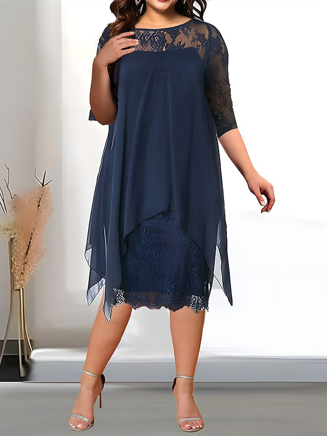 BerryBetty - Women's Plus Size Party Dress Solid Color Crew Neck Lace 3/4 Length Sleeve Spring Summer Casual Prom Dress Midi Dress Party Work Dress / Lace Dress / Homecoming Dress