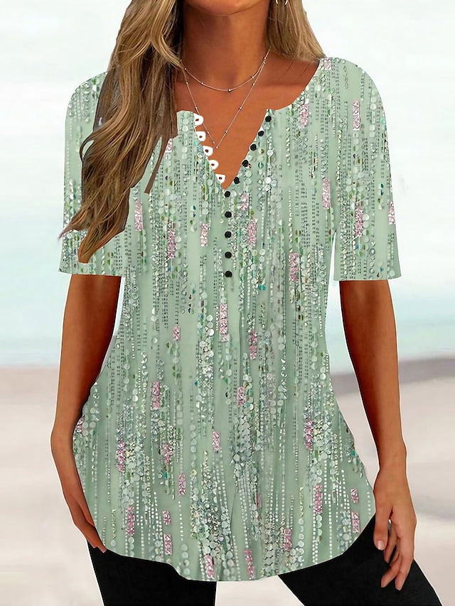 BerryBetty - Women's T shirt Tee Grass Green Light Green Red Floral Button Print Short Sleeve Holiday Weekend Tunic Basic Round Neck Regular Floral Painting S