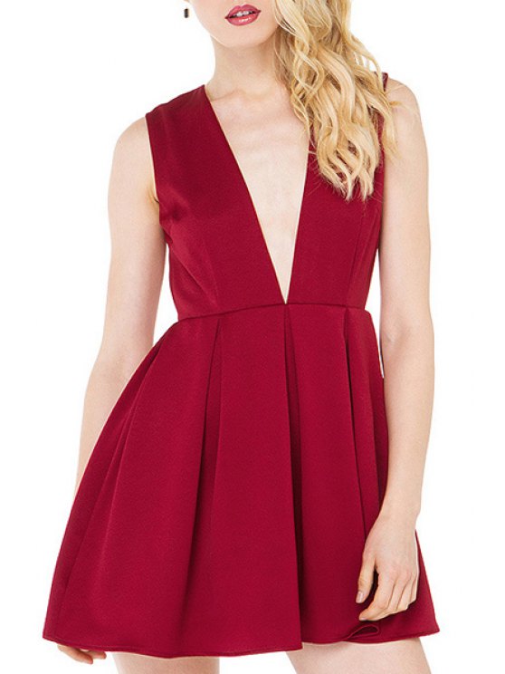 BerryBetty - Fashion Plunging Neck Hollow Back Red Club Dress