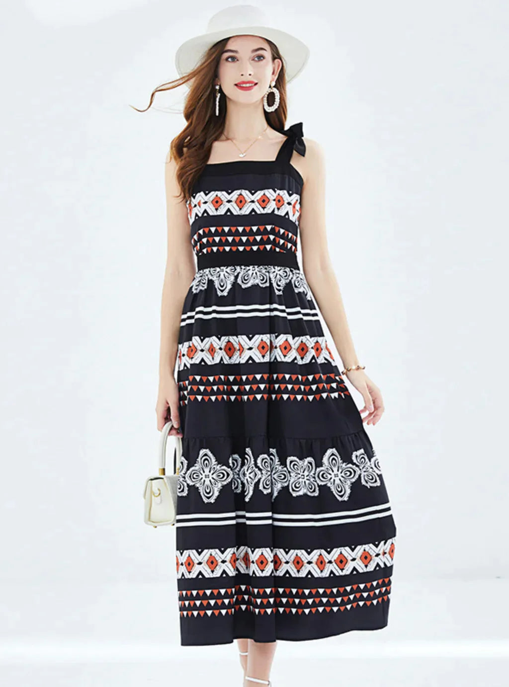 BerryBetty - Holiday Bow Vintage Printed Pleated Dress