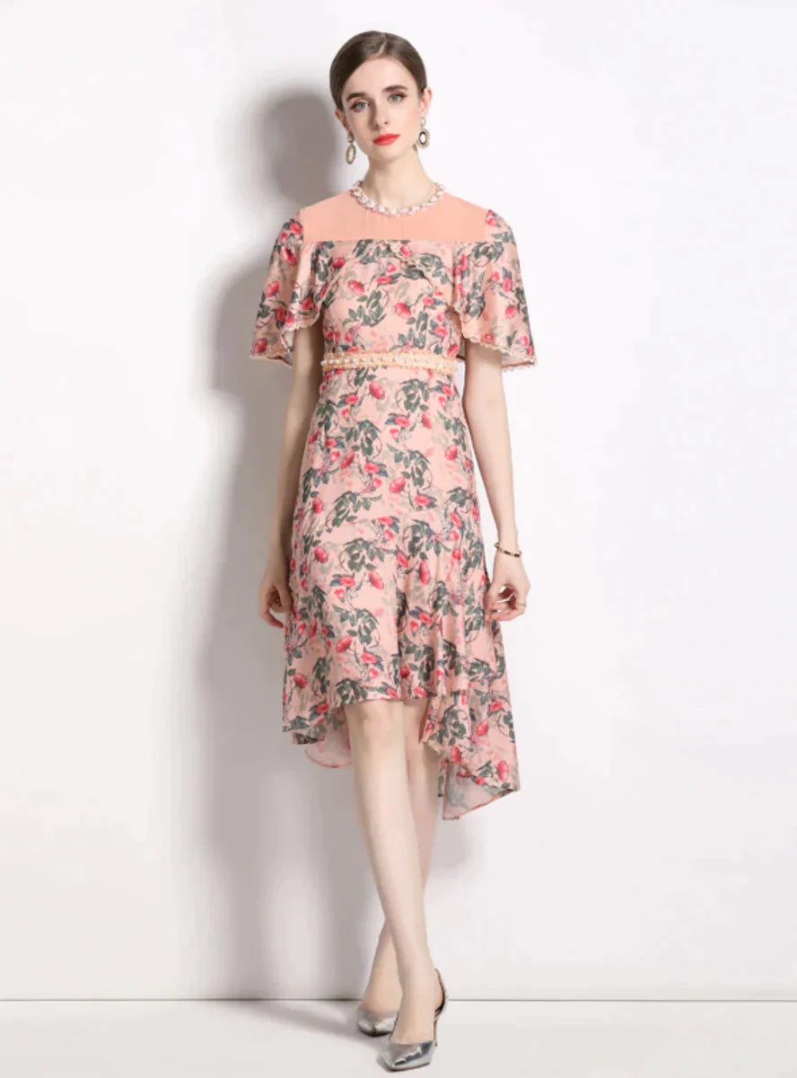 BerryBetty - Chiffon Cloak Pearls Floral Dress