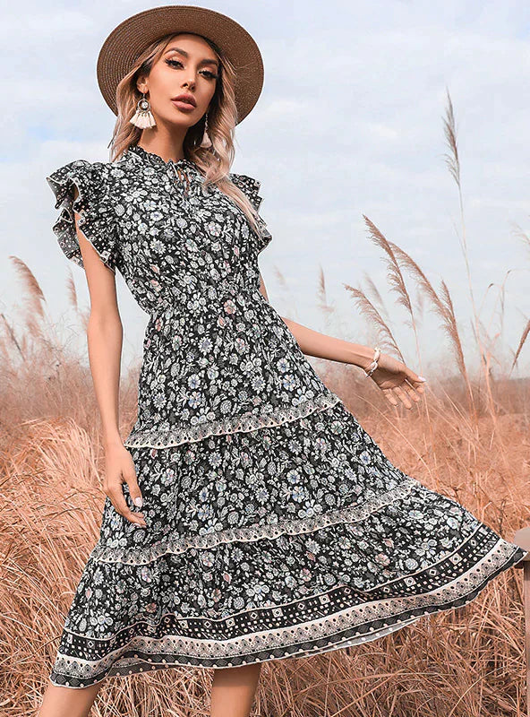 BerryBetty - Black Floral National Wind Dress