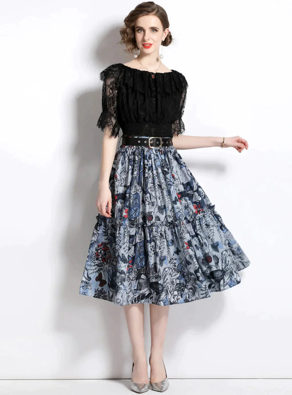 BerryBetty - Lace Blouse Printed Skirt Two-Piece Suit