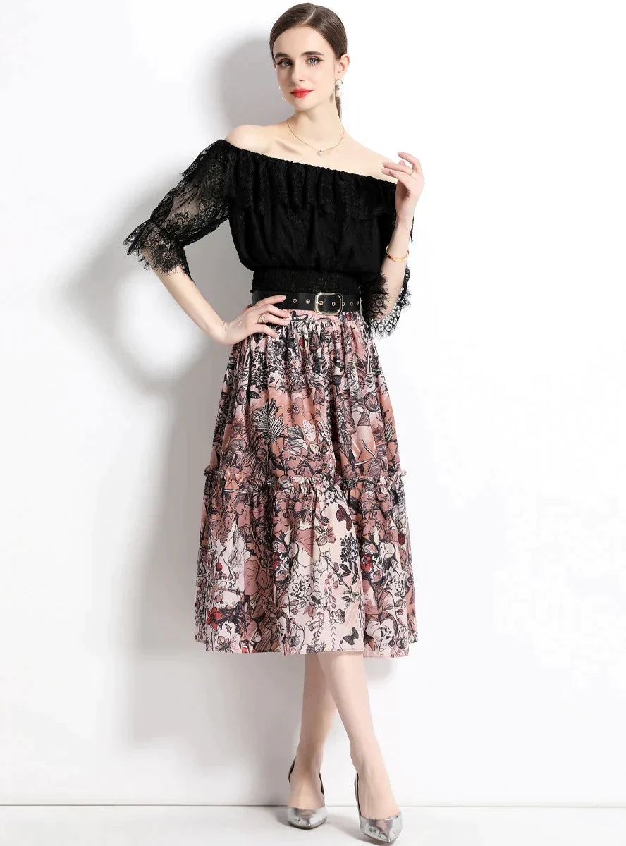 BerryBetty - Lace Blouse Printed Skirt Two-Piece Suit