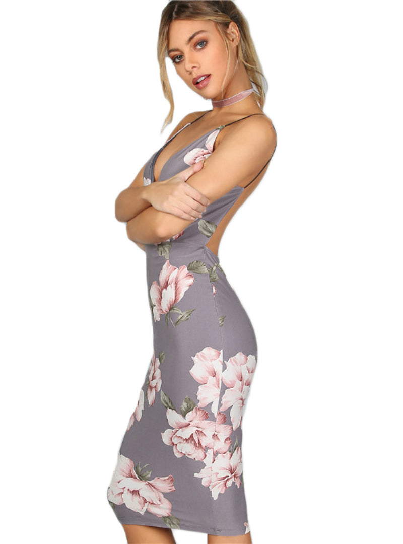 BerryBetty - Floral Sexy Backless Slip Summer Dresses Plunge Neck Midi Dress