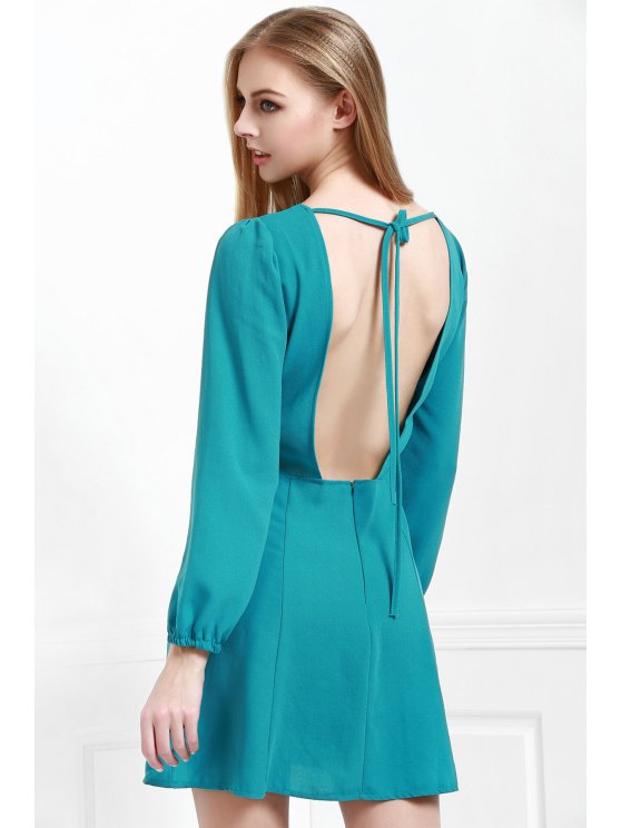 BerryBetty - Chic Long Sleeve Open Back Green Dress