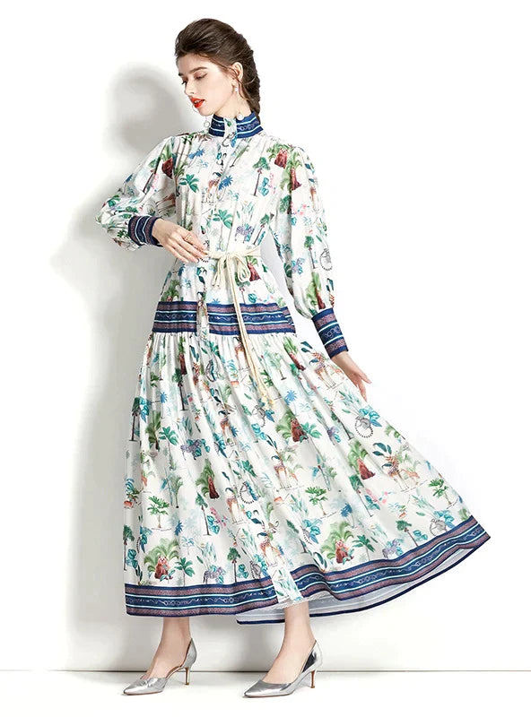 BerryBetty - Long Sleeve Lantern Sleeve Printed Dress