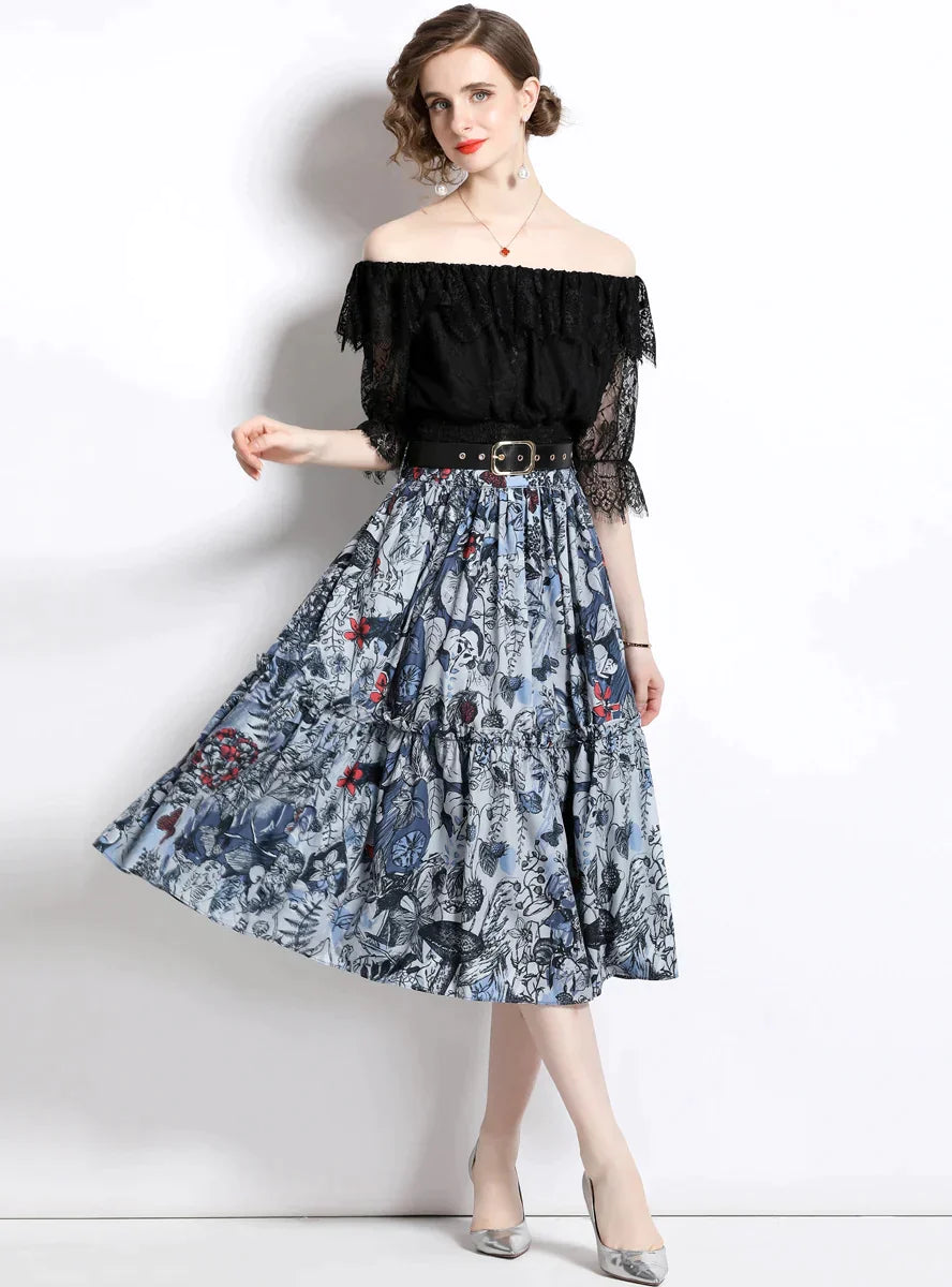 BerryBetty - Lace Blouse Printed Skirt Two-Piece Suit