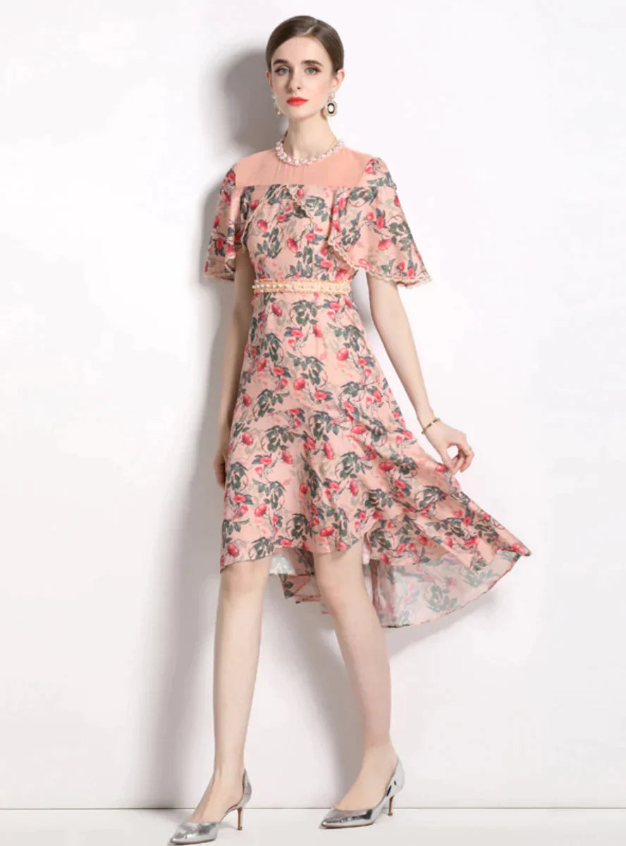 BerryBetty - Chiffon Cloak Pearls Floral Dress