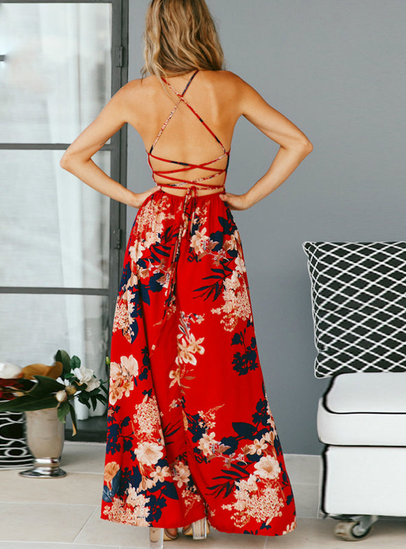 BerryBetty - Floral Print Sexy Lace Up V Neck Women Maxi Dresses