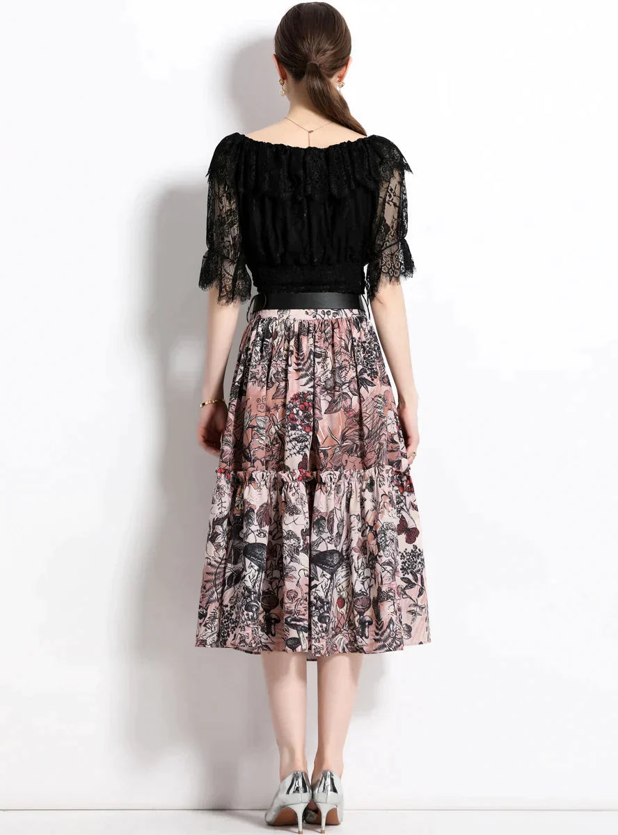 BerryBetty - Lace Blouse Printed Skirt Two-Piece Suit