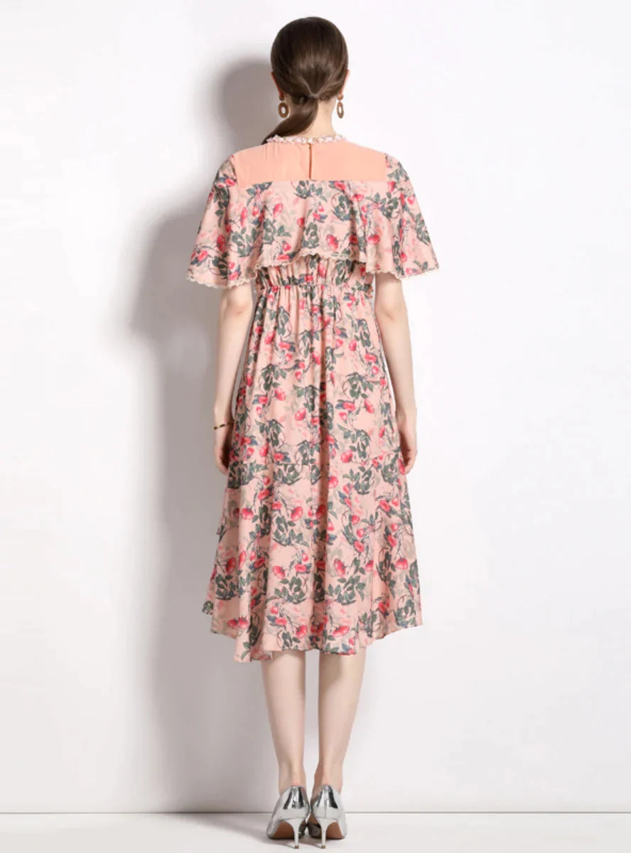 BerryBetty - Chiffon Cloak Pearls Floral Dress