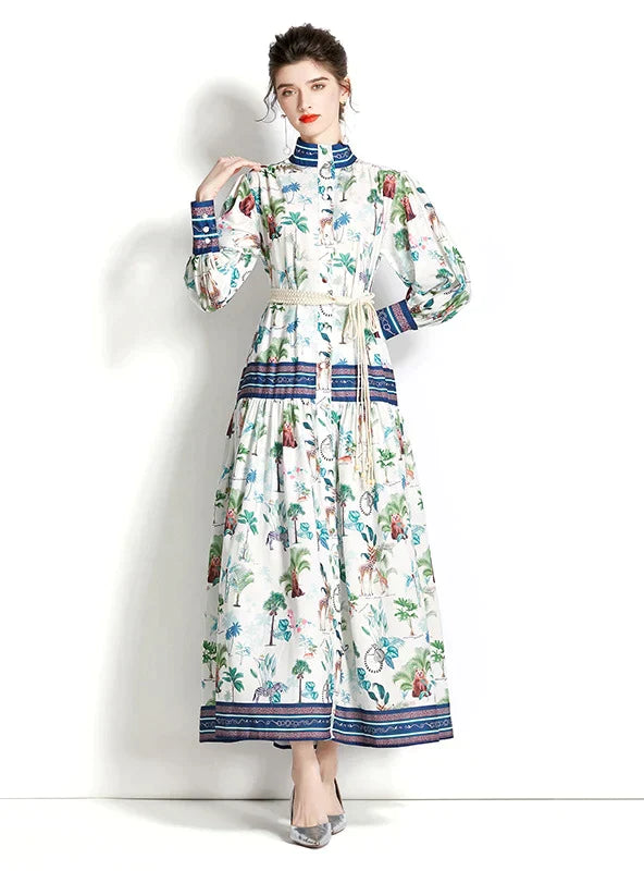 BerryBetty - Long Sleeve Lantern Sleeve Printed Dress