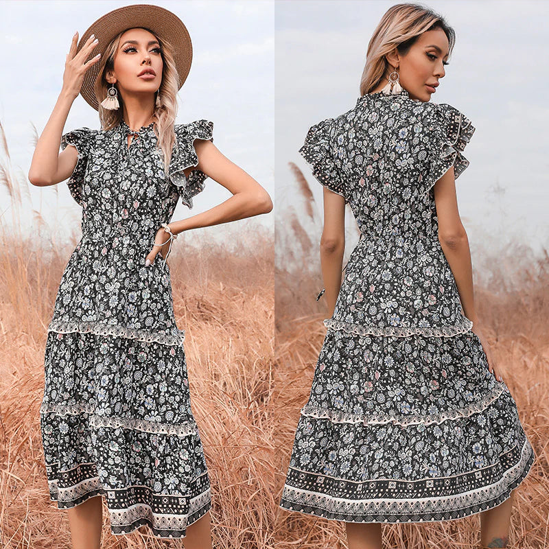 BerryBetty - Black Floral National Wind Dress