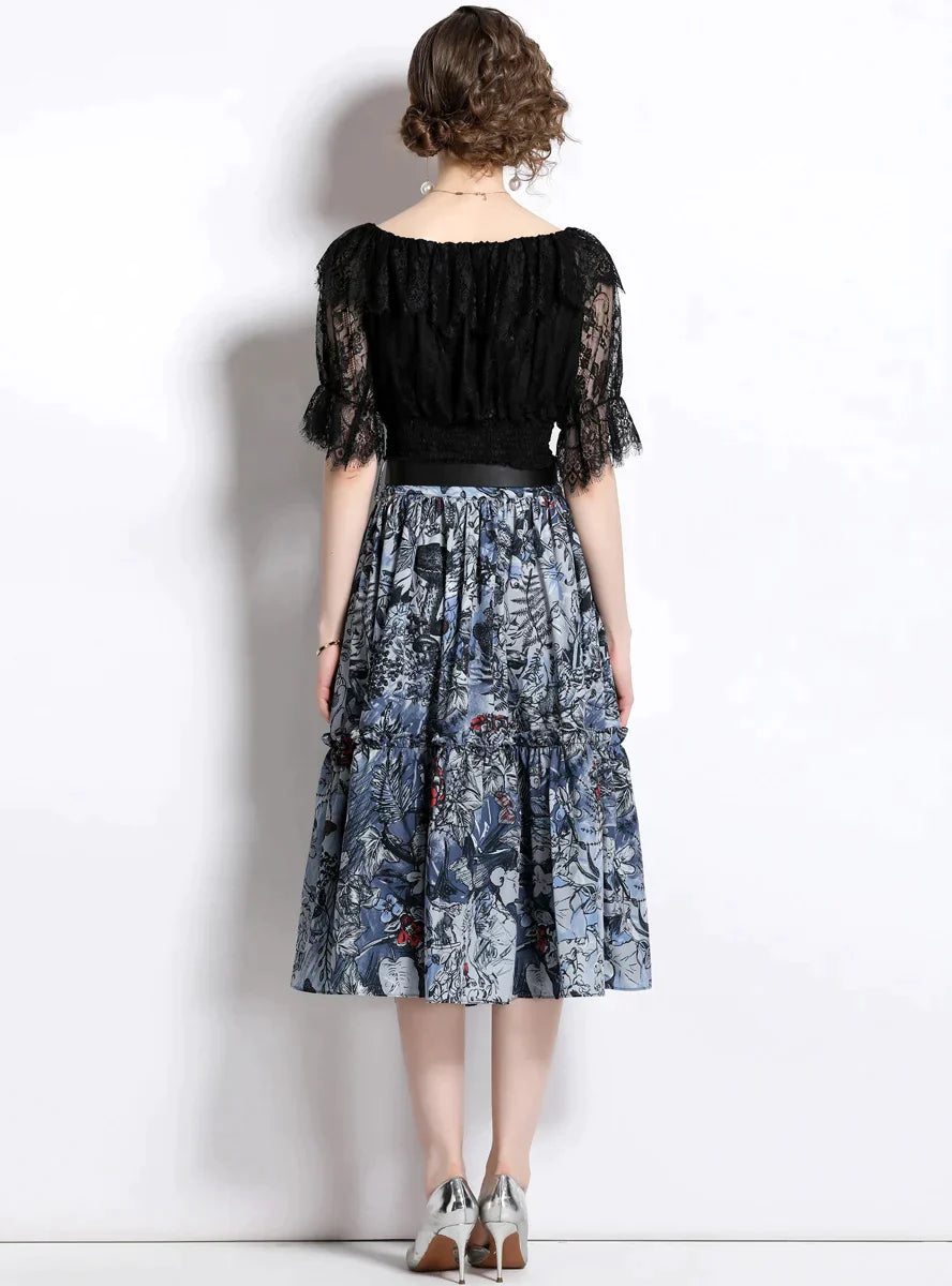 BerryBetty - Lace Blouse Printed Skirt Two-Piece Suit