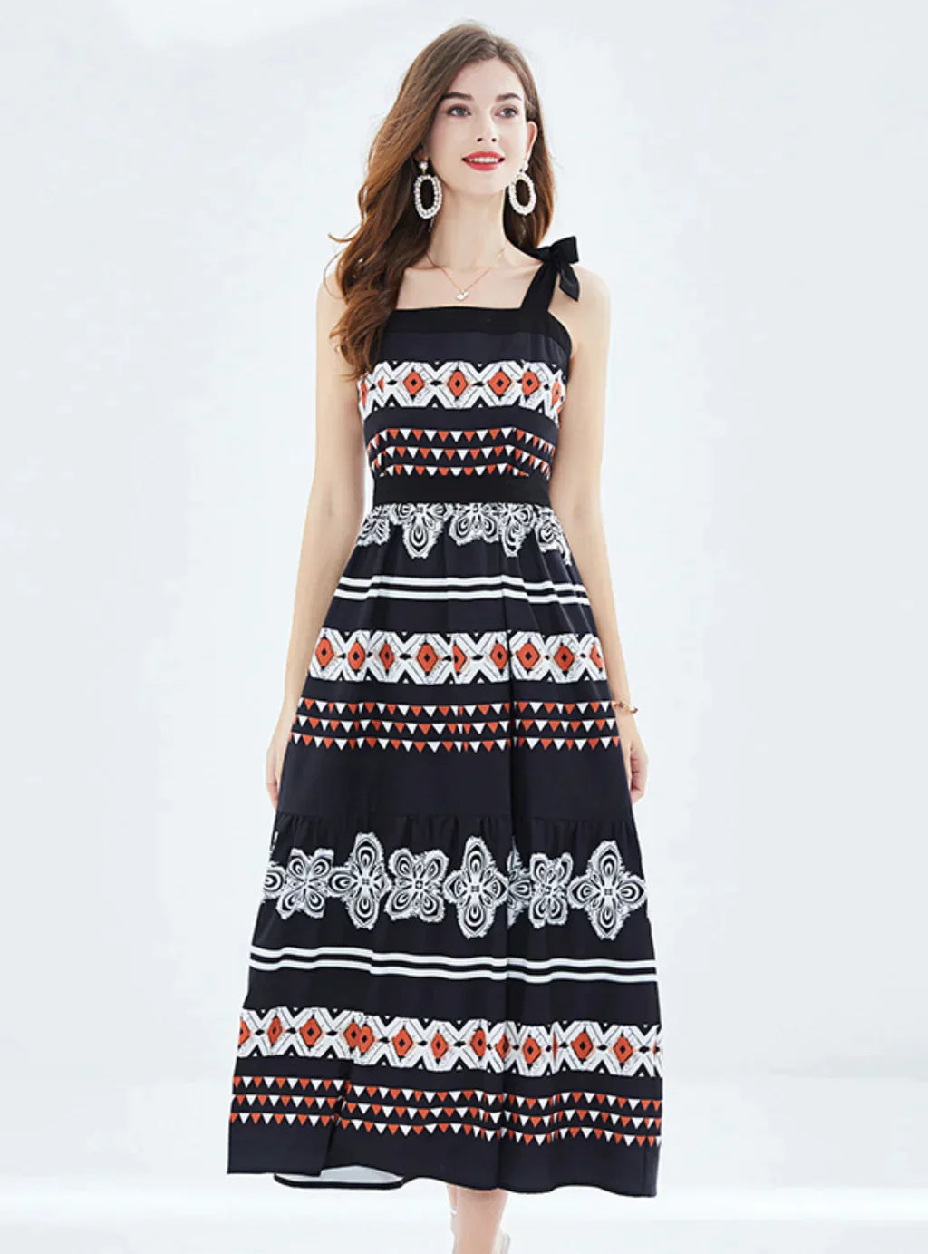 BerryBetty - Holiday Bow Vintage Printed Pleated Dress