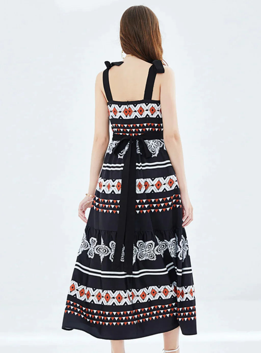 BerryBetty - Holiday Bow Vintage Printed Pleated Dress