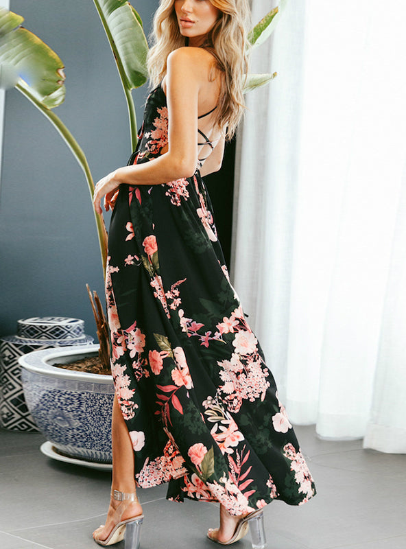 BerryBetty - Floral Print Sexy Lace Up V Neck Women Maxi Dresses