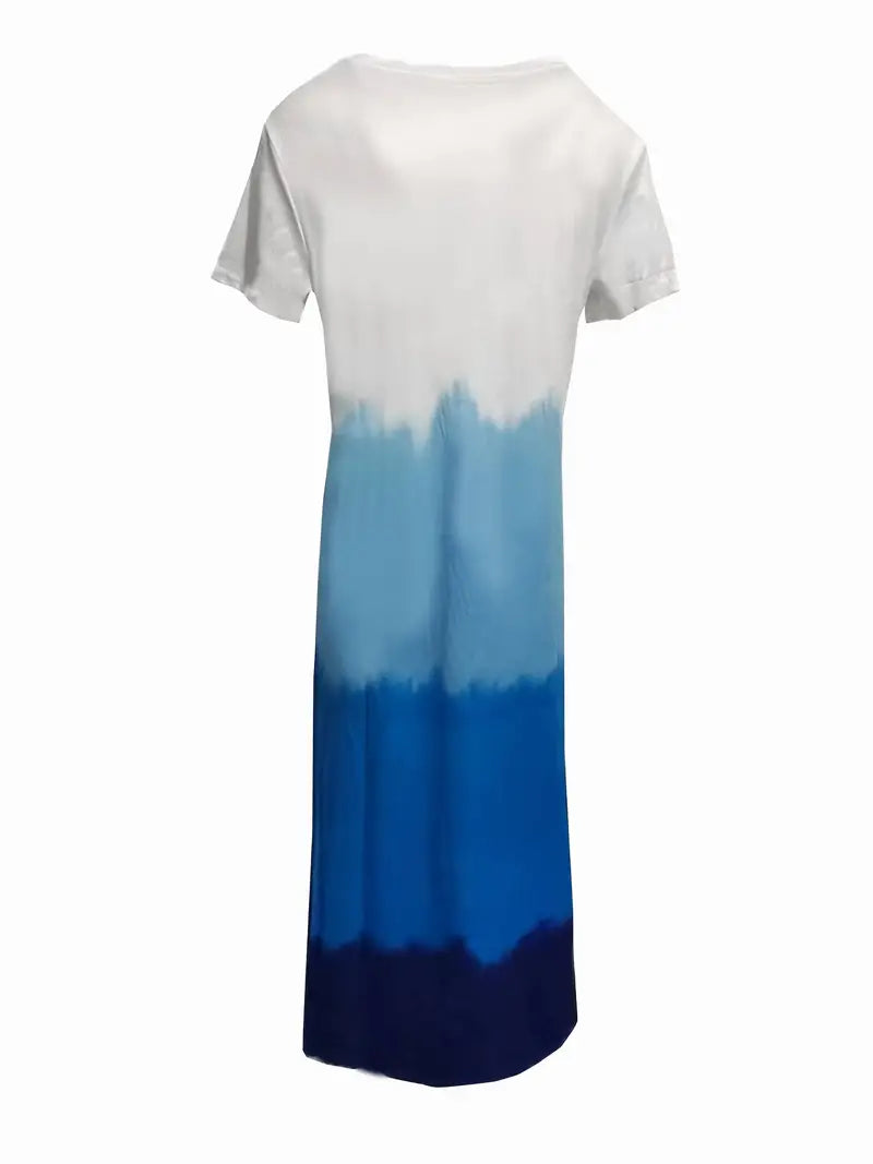 BerryBetty - Gradient Color Side Split V Neck Short Sleeve Maxi Beach Dress