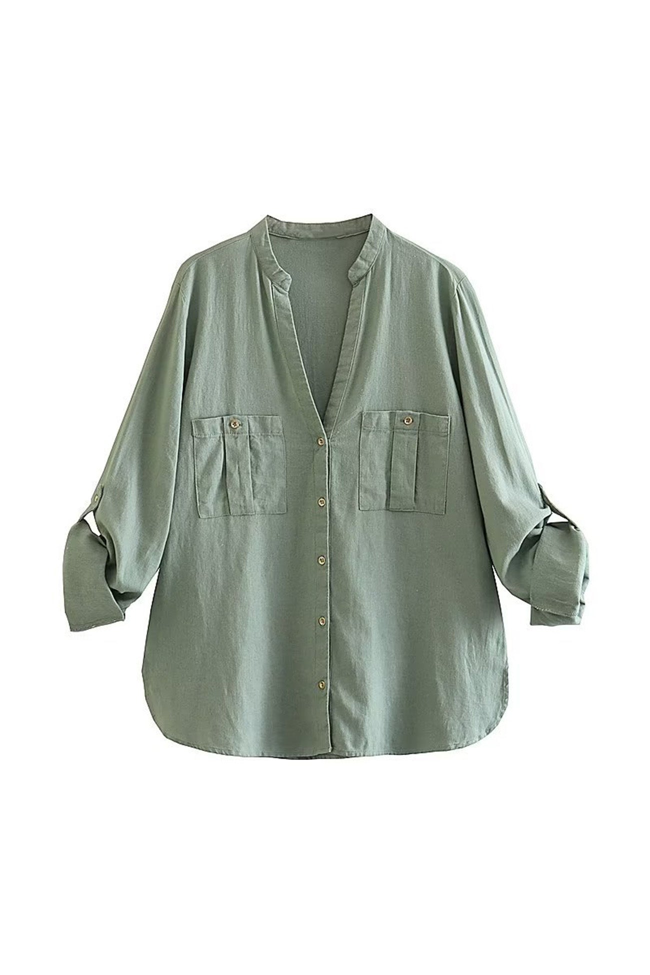 BerryBetty - V-neck Pocket Roll-up Sleeve Button-Up Blouse