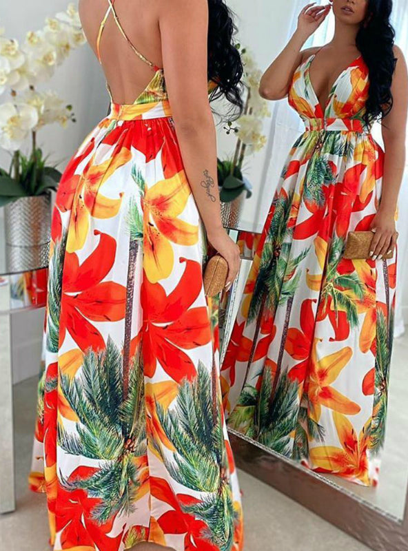 BerryBetty - Floral Print Sexy Backless V Neck Maxi Dress