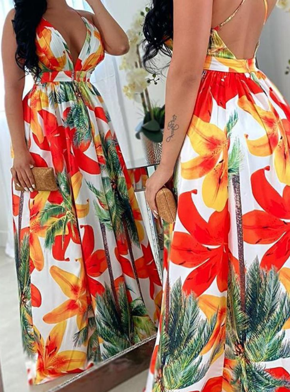 BerryBetty - Floral Print Sexy Backless V Neck Maxi Dress