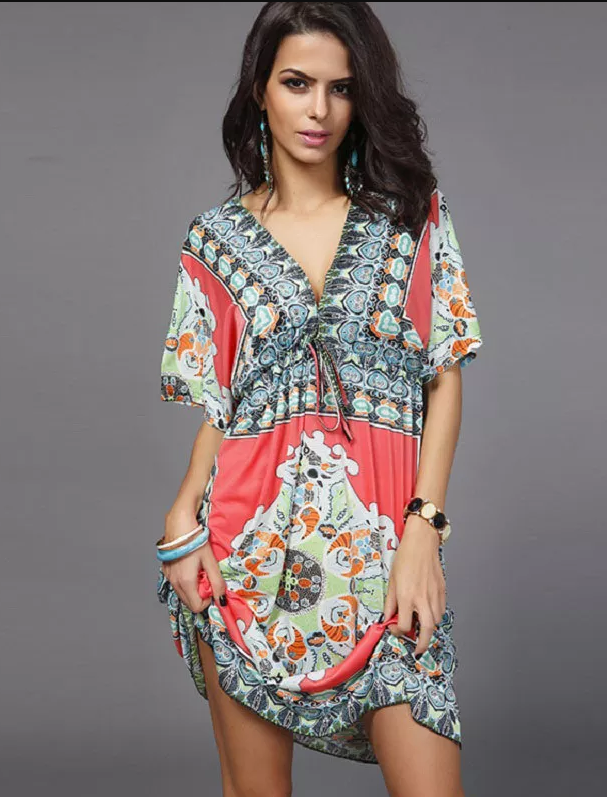 BerryBetty - Boho Style Summer Women Dress Sexy Sundresses Deep V Ethnic Floral Print Tunic Beach Dresses