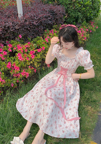 BerryBetty - Elegant Floral Dress Women Lace Up Korean Princess Fairy Dress