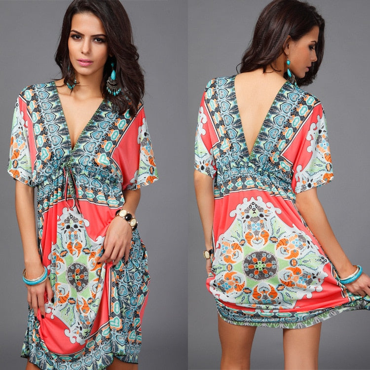 BerryBetty - Boho Style Summer Women Dress Sexy Sundresses Deep V Ethnic Floral Print Tunic Beach Dresses