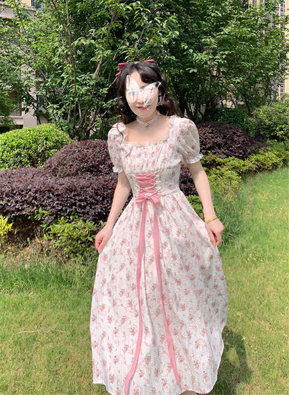 BerryBetty - Elegant Floral Dress Women Lace Up Korean Princess Fairy Dress