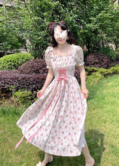 BerryBetty - Elegant Floral Dress Women Lace Up Korean Princess Fairy Dress